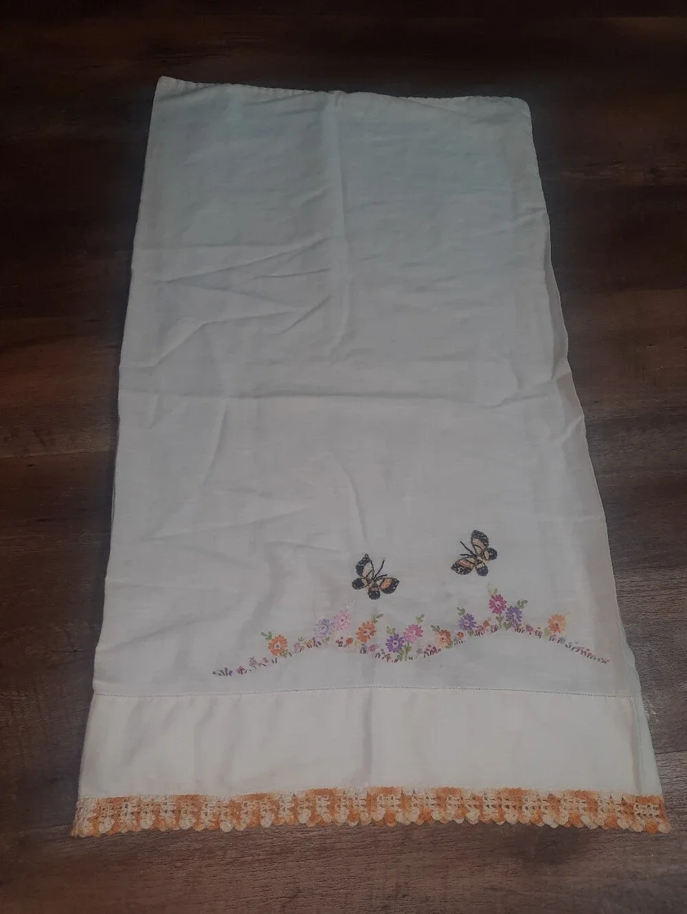 Vintage Embroidered Butterfly Floral Cotton Pillowcase - White with Orange Trim